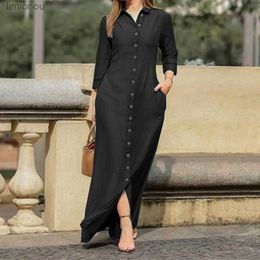 Urban Sexy Dresses Shirt Dresses Turn-Down Collar 3/4 Sleeve Women Dress Two Pockets Single Breasted Denim Maxi Dress Party Vestidos Robe 240223