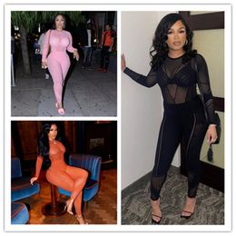 2024 Designer Sexy Hollow Out Jumpsuit Women Spring Long Sleeve Sheer Romper Bodycon See Through Leggings One Piece Overalls Wholesale Clothes 10687