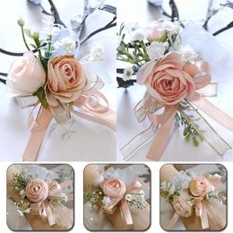 Charm Bracelets Pink Floral Wrist Corsage Decor Ribbon Rose Bridesmaid Groom Wedding Boutonnieres Marriage Prom Accessories Decoration