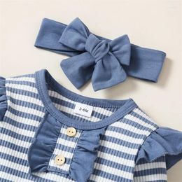 Clothing Sets Infant Baby Girls Fall Outfits Stripe Crew Neck Buttons Long Sleeve Rompers Elastic Pants Headband 3Pcs Clothes Set