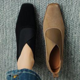 Dress Shoes Women's Natural Suede Leather Elastic Band Cross Strap Slip-on 4cm Thick Low Heel Pumps Square Toe Casual Daily Larger 41