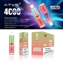 ATVS Crystal Original 4000 Puff Disposable E Cigarettes 0.9Ohm Mesh Coil 10Ml Pod Battery Rechargeable E Cigs Puff 4K 0% 2% 3% 5% Vape Kit