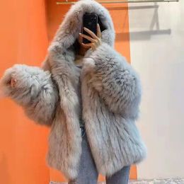 Leather Fuzzy Fur Plush Jacket Women Winter Imitation Rabbit Fur Outwear Hooded Fur Coat Woman Loose Faux Fur Jacket Women