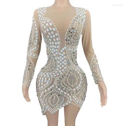 Stage Wear Designer See Through Rhinestone Sequins Bodycon Club Party Mini Dress Ladies Latin Dance Women Sexy Evening Prom