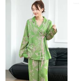 Women Sleepwear Lapel Pijamas garnitur kobiet piżamą Zestaw spodni kimono długie rękawowe spodnie Spring Jacquard satynowe nocne ubrania domowe