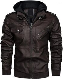 Racing Jackets Men's Leather Jacket-Fall Winter Vintage Motorcycle Biker Jacket With Removable Hood