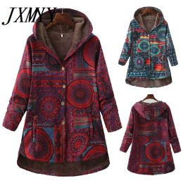 Blends Women Winter Floral Printed Coat Vintage Harajuku Plus Size Loose Casual Jackets Plus Velvet Thick Warm Hooded Fashion Coat