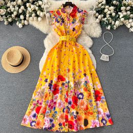 Summer Holiday Runway Maxi Dress Womens Sleeveless Ruffles Single Breasted High Waist Belt Floral Print Long Party Vestidos 240223