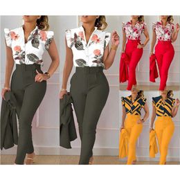 Women'S Two Piece Pants Women Designers Clothes 2023 Spring And Summer Fashion Printed Ruffle Sleeve Top Solid Set With Belt Drop De Dhb19