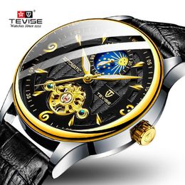 Fashion Brand TEVISE Men Watch Automatic Mechanical Watch Leather Strap Moon phase Tourbillon Sport Clock Relogio Masculino254r