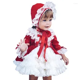 Girl Dresses 4pcs/set Red Velvet Autumn Winter Vintage Spanish Dress Pompom Ball Princess Lolita Christmas Party For