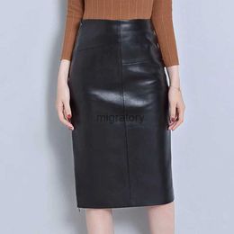 Skirts Skorts Soft Leather Skirt Women Imitate Sheepskin Midi Knee Length High Waist Office Ladies Formal Pencil Plus Size 4XL YQ240223