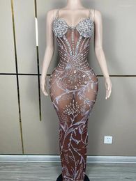 Stage Wear Style Brown Sparkly Rhinestone Women Long Dress Sexy Transparent Mesh Suit Dance Sing Performance Costume Show Outfit