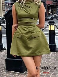 Casual Dresses KONDALA Vintage Chic Women Satin Dress Green Solid O-Neck Sleeveless Folds Straight Short Vestidos Fashion 2024