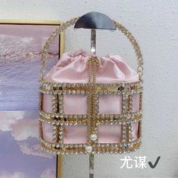 French style metal vegetable basket with diamond inlaid bag for dinner, hollowed out rhinestone tassel pearl hand-held crossbody bag