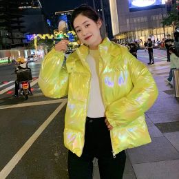 Parkas Women Down Hooded Parka Korean Style Thicken Warm Glossy Yellow Cotton Jacket Woman 2023 Winter Casual Loose White Zipper Parkas