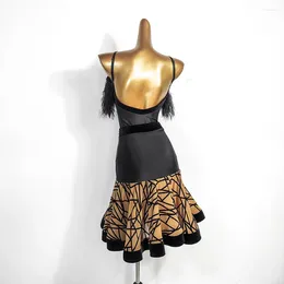 Stage Wear Black Feather Design Latin Dance Bodysuit Leopard Skirt Suit Sexy Sleeveless Performance Dress Cha Samba ADL94