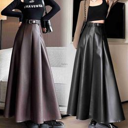 Skirts Skorts Harajuku Pu Leather Long Women Korean High Waist Elegant Maxi Skirt With Belt Vintage A-Line Jupe Femme YQ240223