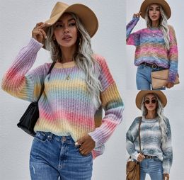 Women Sweater round Neck Long sleeves pullover Oversized Stitched sweater with loose-crocheted striped collar sweaters rainbow color