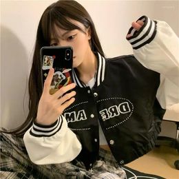 Women's Jackets Autumn Black White Short High Waist Letter Long Sleeve Crop Tops Bomber Coats Y2k Preppy Style Vintage Outerwear Women