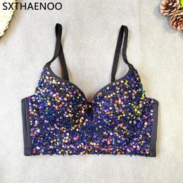 Women's Tanks SXTHAENOO Deep V-neck Sexy Sequins Women Short Underwear Cropped Top Night Club Party Corset Crop Out Push Up Bustier Bra