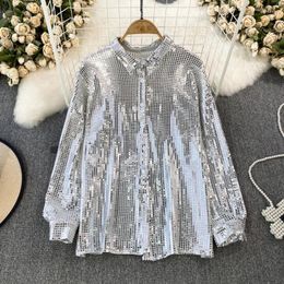 Women's Blouses Casual Shirt With Shiny Sequins Fashionable Turn-Down Collar Loose Tops Party Performance Wear Female Blouse