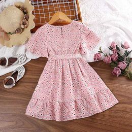 Girl's Dresses 2024 Summer 4-7Ys Girls V-neck Cute Floral Print Dress Pleated Lace-up A-line Knee-length Skirt Cute Fashion ComfortableL2402