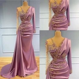 Purple Mermaid Light Evening Dresses Sheer V Neck Appliqued Beaded Ruched Long Sleeves Formal Prom Party Second Reception Special Ocn Gown