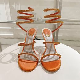 Mulher strass cobra strass sandálias stiletto rene caovilla cleo 95mm sapatos de noite salto alto tornozelo envolvente luxo designer fábrica