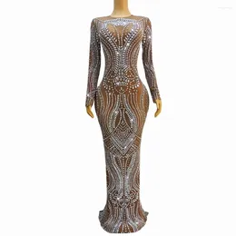 Stage Wear Sexy Silver Rhinestones Transparent Brown Mesh Dress Birthday Celebrate Outfit Prom Female Singer Po Shoot