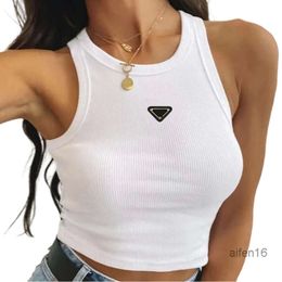 Hot Pr-a Summer White Women T-Shirt Tees Crop Top Embroidery Sexy Shoulder Black Tank Casual Sleeveless Backless Shirts Luxury Designer Solid Color Vest new