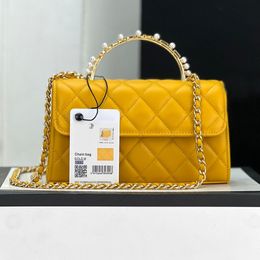 9A Designer Flap Purse with Beads Top Handle Lambskin Handbags 19cm Luxury Chain Bag High Imitation Crossbody with Box210P