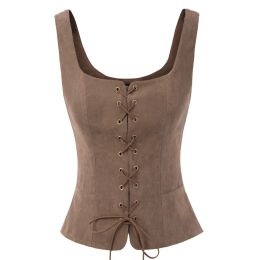 Waistcoats SD Women Vintage Faux Suede Square Neck UBack Laceup Front Vest Coat Waistcoat Renaissance Cosplay Costume Peasant Bodice A30