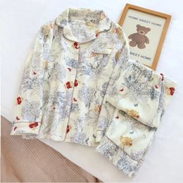 100% Cotton Gauze Women Pajamas Sleepwear Female 2 Piece Set Ink Painting Printing Nightwear Pyjamas Home Clothes Loungewear 240219