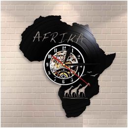 Wall Clocks Africa Animals Wildlife Nature Giraffe Vinyl Clock Art Nursery Decor Hanging Record Time Unique Gift 210401 Drop Deliver Dhs2B