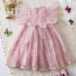 Girl's Dresses Little Girls Flower Lace Dress Ruffles Sleeve Solid Color Clothes 2024 New Children Birthday Party Princess Dress for Girls 3-8YL2402