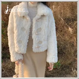 Blends BEENLE Woman Warm Winter Jacket Spring Horn Button Fur Coats Thickened Plush Korean Fashion Casual Short Cardigan Women Clothing