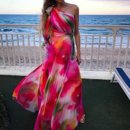 Casual Dresses Women Summer Colorful Print Bobemian Dress 2024 Sexy One Shoulder Sleeveless Diagonal Collar Waist Lace-up Swing Maxi