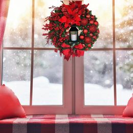 Decorative Flowers Wreath With Light Outdoor Lighted Ball Ornaments Red Berries Bow For Home Decorations