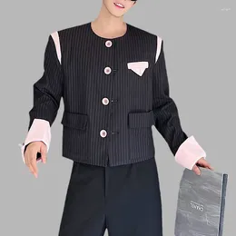 Men's Suits Youthful Vitality Men Blazer Striped Patchwork Long Sleeve O-neck Streetwear Korean Versatile Casual Crop Coats