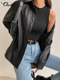 Celmia Women PU Leather Jackets Autumn Long Sleeve Lapel Outerwear Casual Street Overshirts Fashion Faux Leather Black Tops 240219