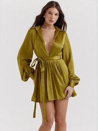 Casual Dresses Elegant Green Pleated Mini Dress For Women Fashion V-neck Long Sleeve Lace Up A-line Office Lady Chic Commuting Robes