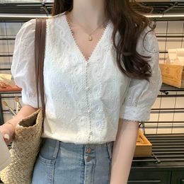 Embroidery Cute Chic Tops Women Summer Korea Japan Style Design Hollow Out White Lace Button Shirt Blouse 240219