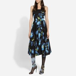 Womens Dress European Fashion brand silk black hyacinth print gathered waist sleeveless midi slip dress