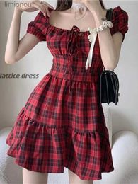 Urban Sexy Dresses Red Plaid Dress Summer Dress 2023 New Womens French Classic Small Bubble Sleeve Sweet First Love Skirt vintage dresses 240223