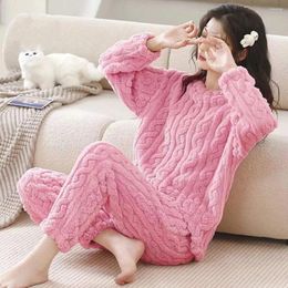 Women's Sleepwear Women Warm 2 Piece Sets Thicken Velvet Ribbed Fleece Set Pullover And Pants Casual Pyjama Autumn Winter 2024