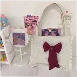 Evening Bags Japanese Jk Lolita Bow Ruffles Canvas Bag Korean Fashion Sweet Girl Underarm Shoulder Y2k Casual All Match Shopping Handbag