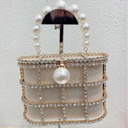 Hollow Metal Pearl Silk Satin Bird Cage Vegetable Basket Bag for Banquet Shining and Stupid Sailor Carrying Crossbody Bag