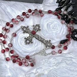 Pendant Necklaces Vintage Fashion Gothic Style Lolita Crystal Cross Drill Chain Rosary Dark Red Black Necklace