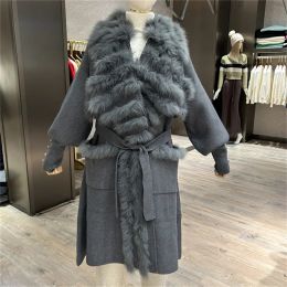 Fur 4 Colors Women Overcoat Winter Warm Luxury Striped Fox Fur Long Coat With Belt European Long Cardigan Knitted Loose Robe Cloak